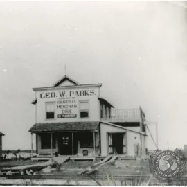 Store with signage reading Geo. W. Parks General Merchandise on front
