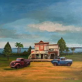 Colorful painting of Stuart Feed Supply building with two old trucks in front of it